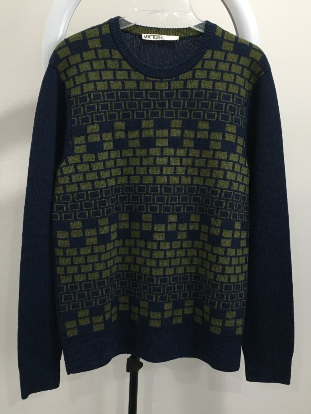 MR. TURK Blue Green Pattern & Solid Long Sleeve Pullover Knit Sweater